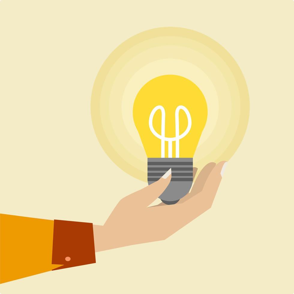 hand holding a light bulb. Solution concept, innovation, inspiration or creative business idea. Flat style vector illustration.