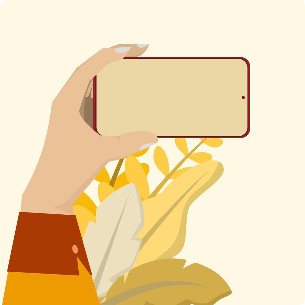 Hand holding mobile phone isolated flat style isolated on yellow background vector