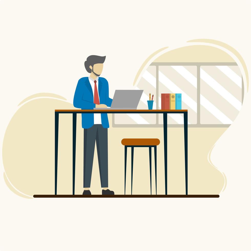 Office employee standing in front of laptop. daily office workers, financial analysts work. Vector illustration in flat style