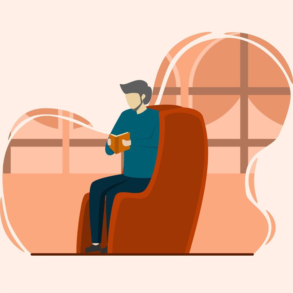 concept People reading book, Man sitting on chair at home and reading book. Entrepreneur reader. Flat vector illustration.