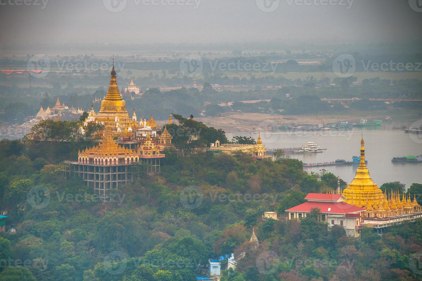 Sagaing hill with numerous pagodas and Buddhist monasteries on the Irrawaddy river, Sagaing, Myanmar photo