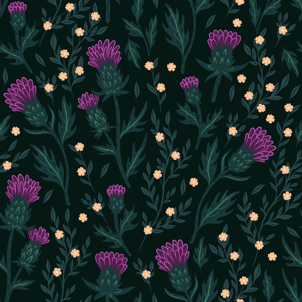 Seamless pattern with thistle flowers. Vector graphics.