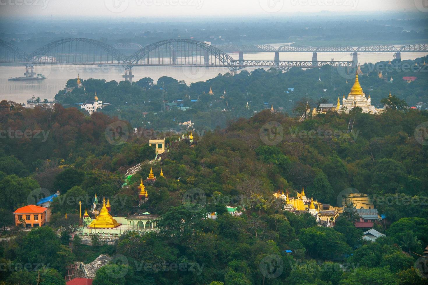 Sagaing hill with numerous pagodas and Buddhist monasteries on the Irrawaddy river, Sagaing, Myanmar photo