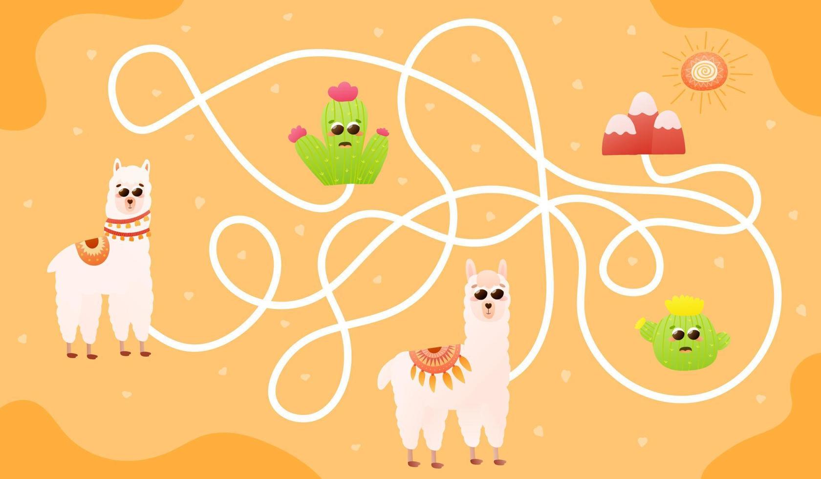 Find way game for kids with cute llama characters, puzzle for worksheet or children books with cactus and alpaca vector