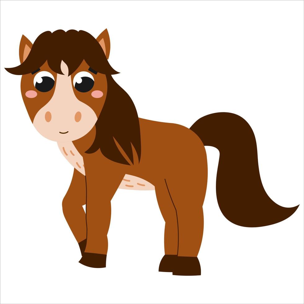 lindo caballo marrón en estilo de dibujos animados aislado sobre fondo blanco, animal de granja, concepto de estilo de vida rural vector