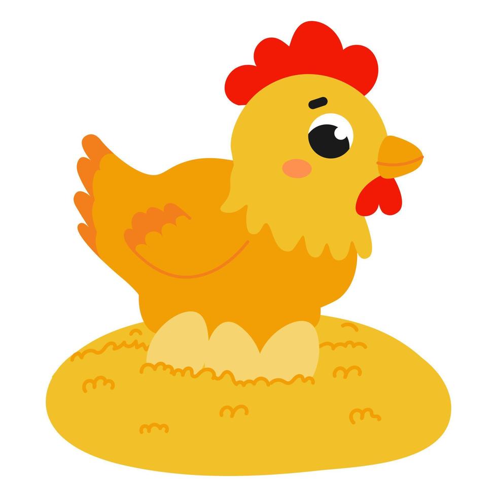 Cute hen sitting in the nest and laying eggs in cartoon style isolated on white background, farm animals vector