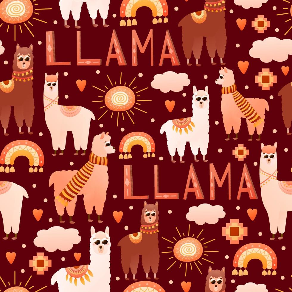 patrón sin costuras de llama colorida con elementos tribales de Perú y personajes de alpacas lindos y adornados en diferentes colores y poses sobre fondo marrón oscuro para textiles infantiles con letras dibujadas a mano vector