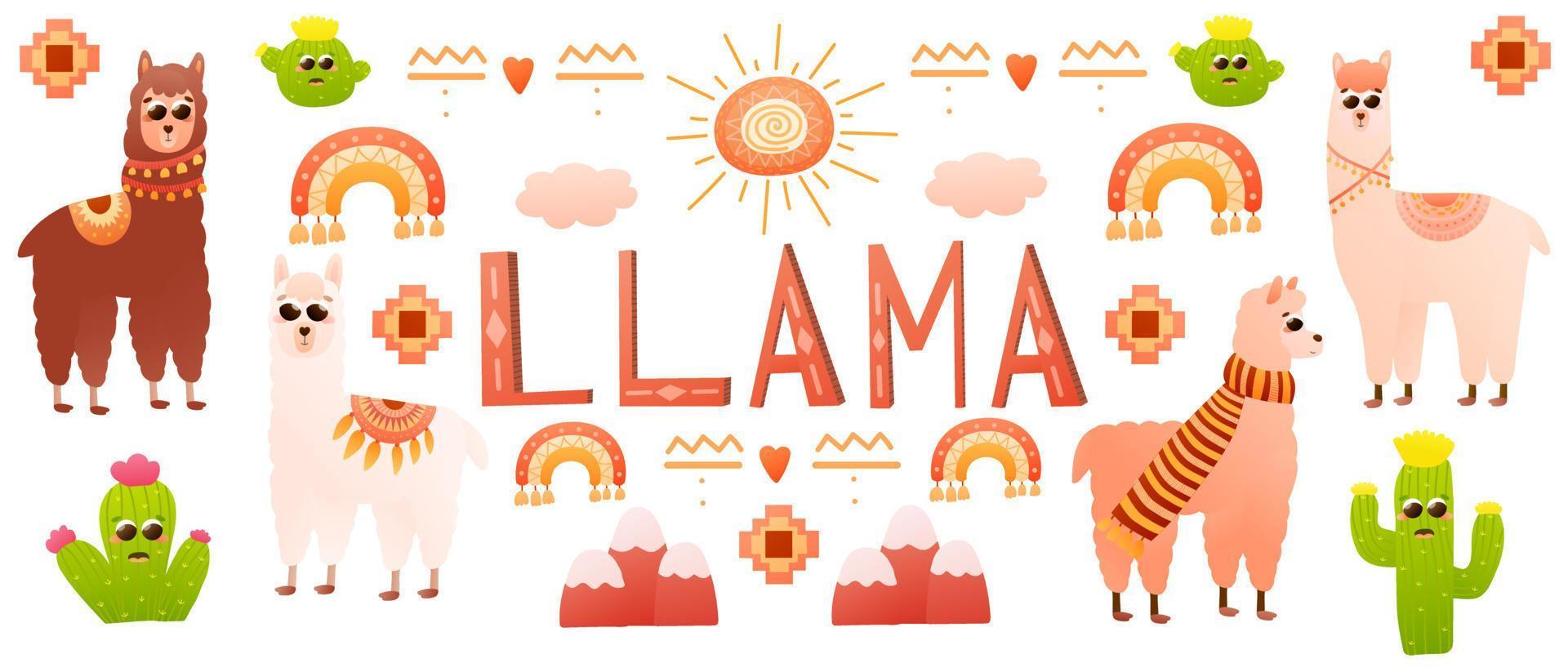 banner de sitio web con lindo personaje de dibujos animados de alpaca y elementos vectoriales tribales con cactus kawaii con caras, arco iris y montañas, estilo bohemio para niños vector