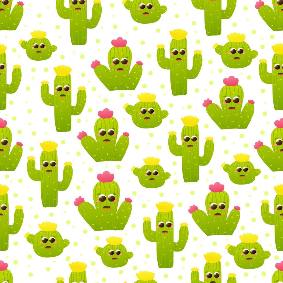Cute cactus character seamlesss pattern with faces, childish textile ornate for beddding or wallpaper, peru elements in childish style, polka dot ornate vector