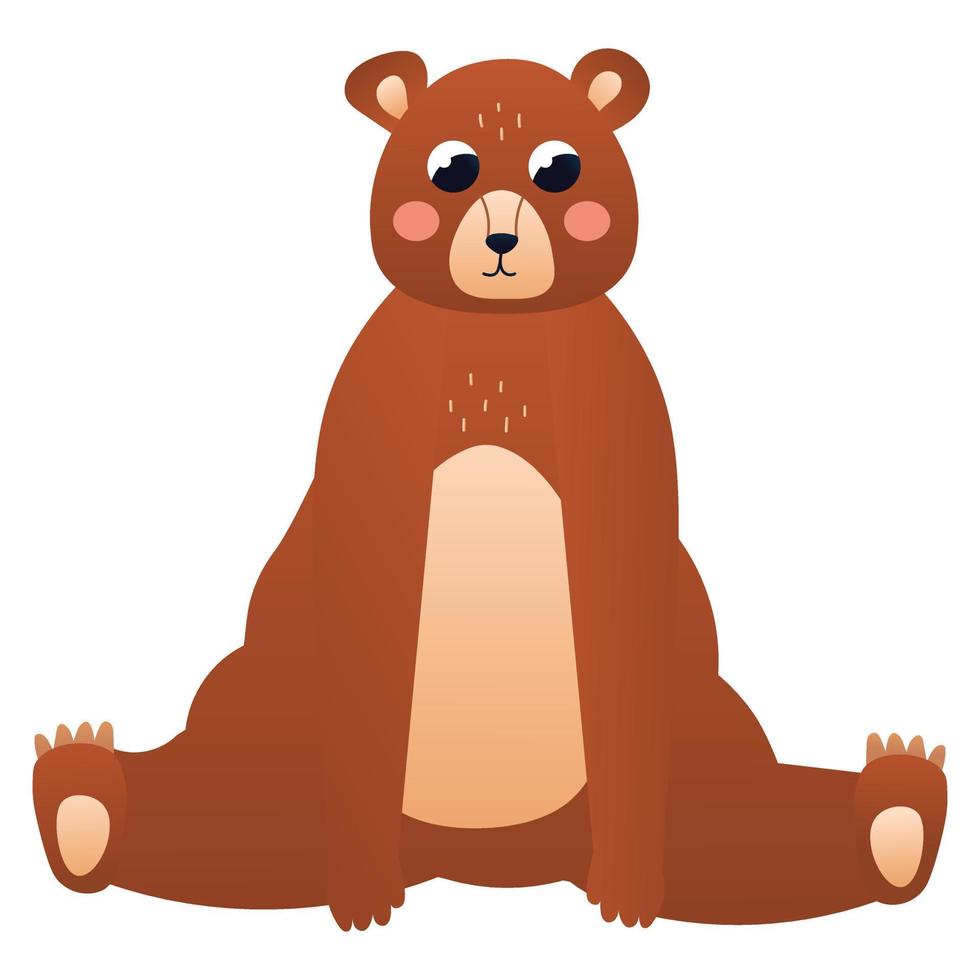 Cartoon brown bear character sitting in childish style, zoo animal isolated on white background, design element for poster or pattern, forest fauna vector