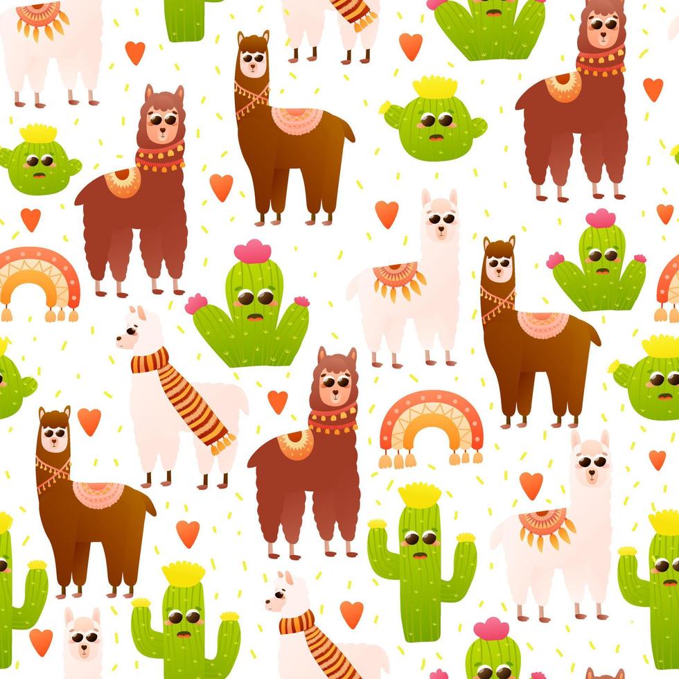 Alpacas and cactus seamless pattern on white background, colourful llamas in different poses, peru tribal ornates for children textile or fabric, cute animal motif vector