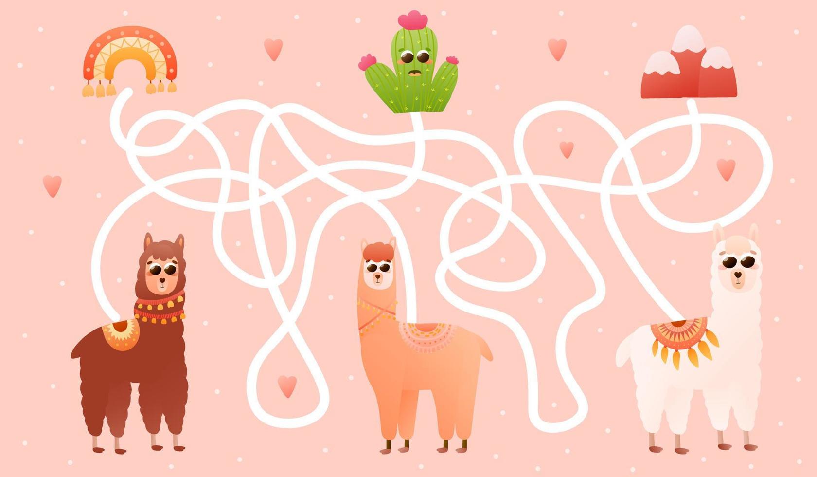 Labyritn game for kids with cute alpaca characters, help them find right way to cactus, peru elements, kids maze or puzzle for books or printable worksheets on pink background vector