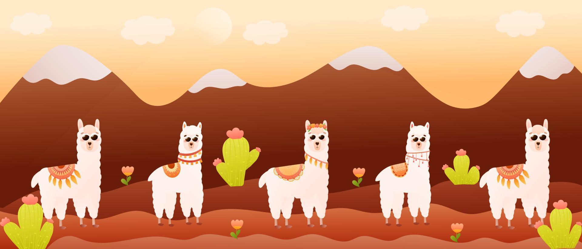 Colourful mountains landscape with cute llamas characters and cactuses, banner for travelling, wild nature vector