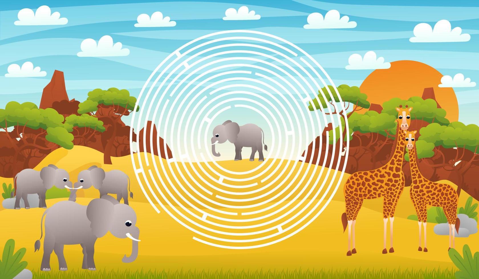 Safari desert circle maze for kids with cute elephant characters, help to find right way, printable worksheet in cartoon style for school, animal wildlife theme vector