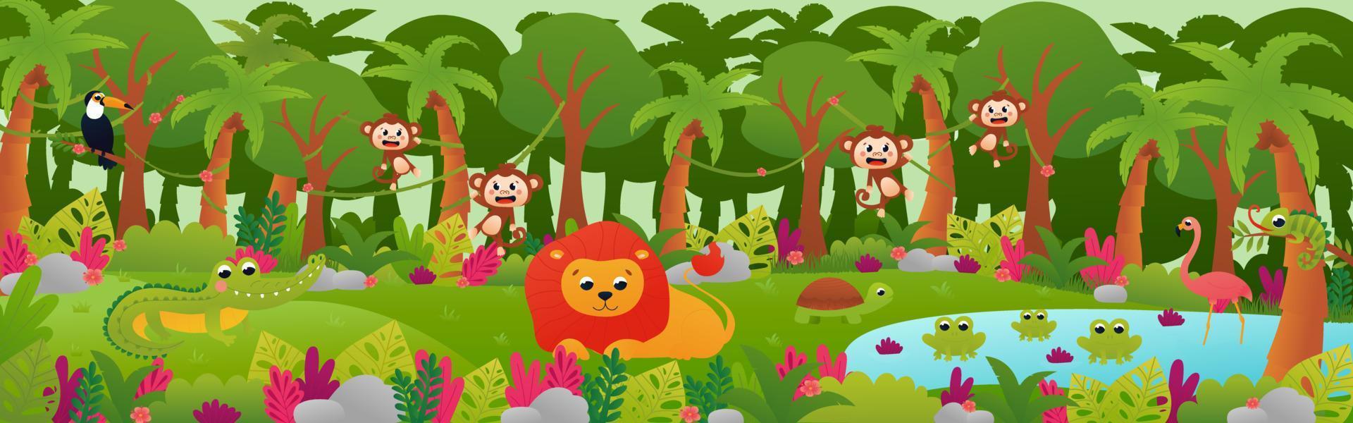 Tropical jungle forest landscape with cute animals, web banner with lion, monkeys and toucan in cartoon style, zoo poster, horizontal rainforest with flowers and pond vector