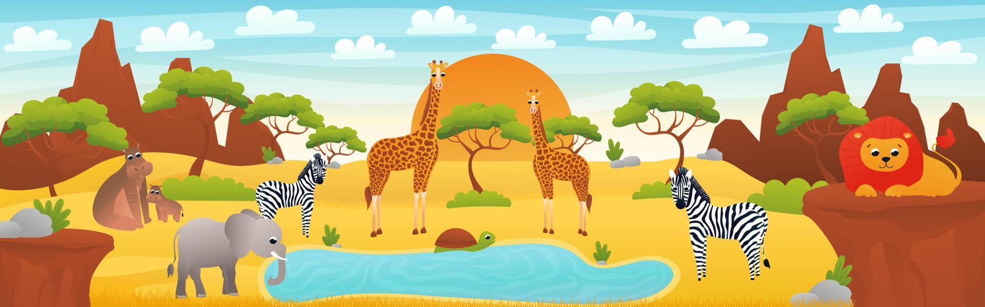 paisaje africano con lindos animales de dibujos animados - elefante, cebra y león, banner web con escena de sabana, exploración del desierto africano, afiche horizontal del zoológico para imprimir vector