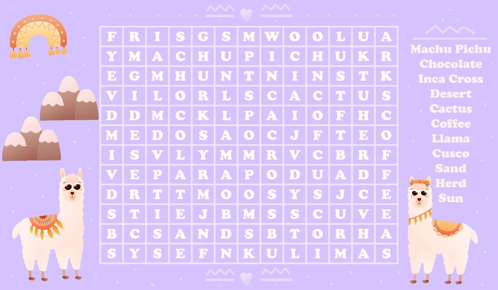 Alpaca theme word search game for kids on violet background with mountains and rainbow, cartoon style vector