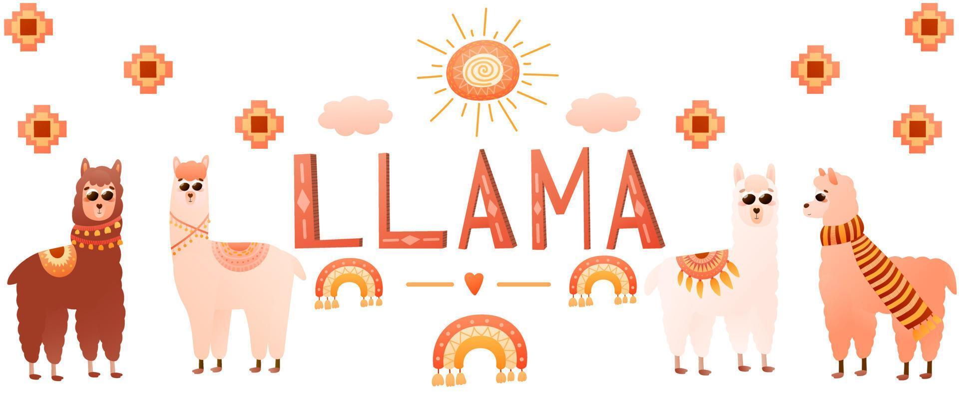 banner web de alpacas con personajes animales de estilo de dibujos animados elementos de llama y perú, diseño de afiches coloridos con adornos tribales en estilo escandinavo vector