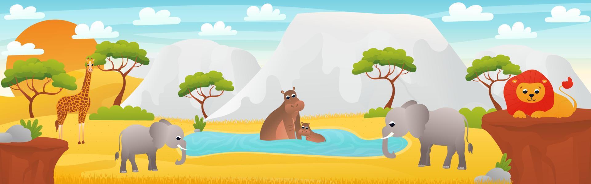 paisaje africano con lindos animales de dibujos animados - elefante, hipopótamo sentado en agua y león, banner web con escena de sabana, exploración del desierto africano, afiche horizontal del zoológico para imprimir vector