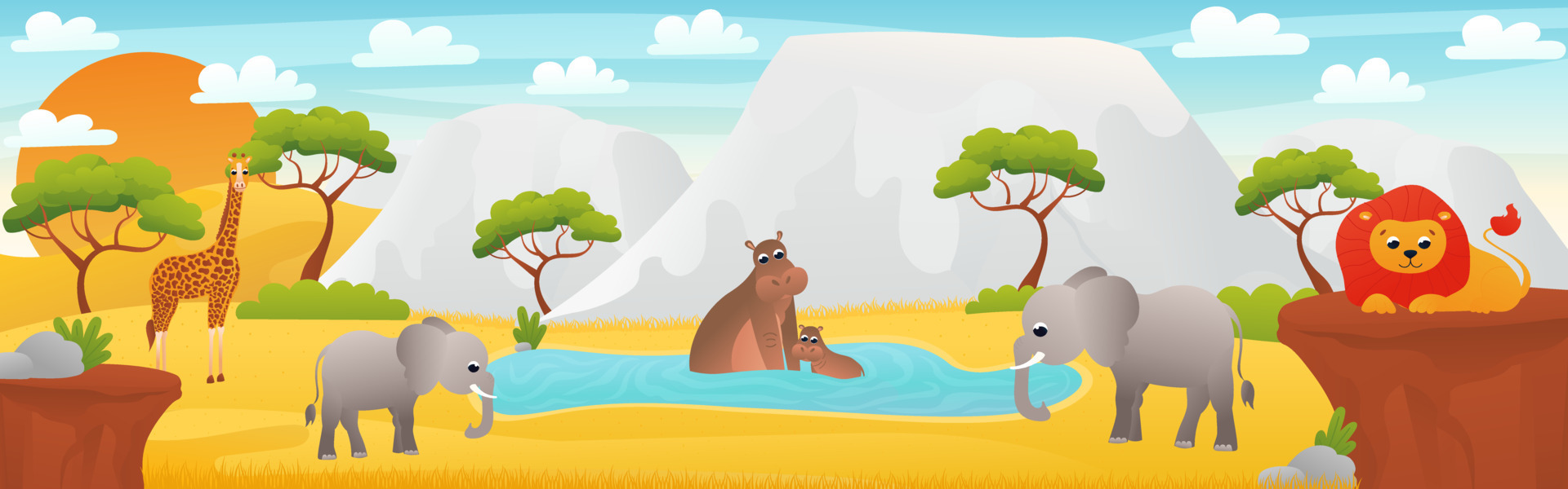 African landscape with cute cartoon animals - elephant, hippo sitting in water and lion, web banner with savannah scene, african desert exploration, zoo horizontal poster for print 12792153 Vector Art at Vecteezy African landscape with cute cartoon animals - elephant, hippo sitting in water and lion, web banner with savannah scene, african desert exploration, zoo horizontal poster for print 12792153 Vector Art at Vecteezy