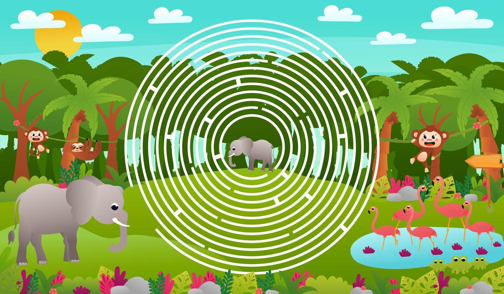 Tropical jungle forest circle maze for kids with cute elephant characters and flamingos with frogs, help to find right way, printable worksheet in cartoon style for school, animal wildlife theme vector