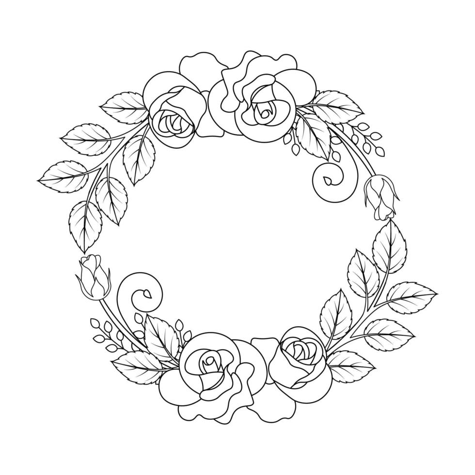 flower coloring page of rose illustration and rose line art with leaves pencil drawing vector