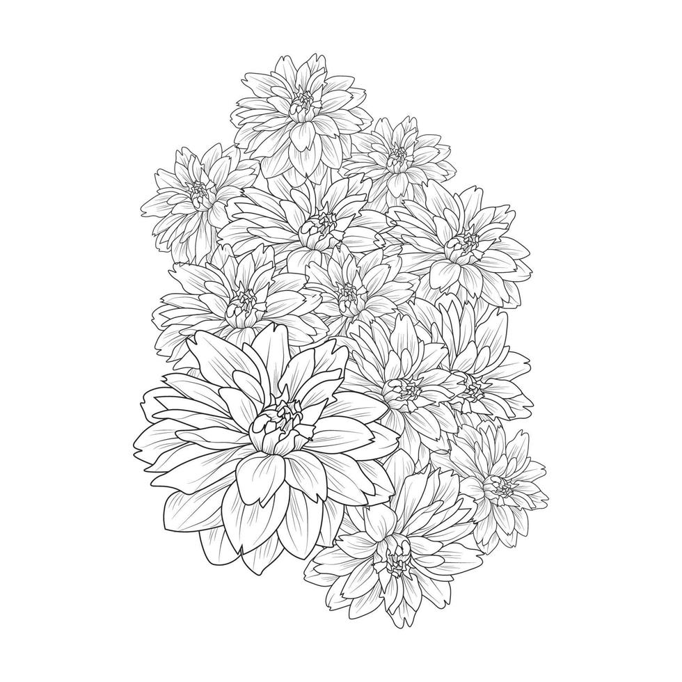 beautiful flowers coloring page with pencil sketch drawing detailed in vector graphic of line art
