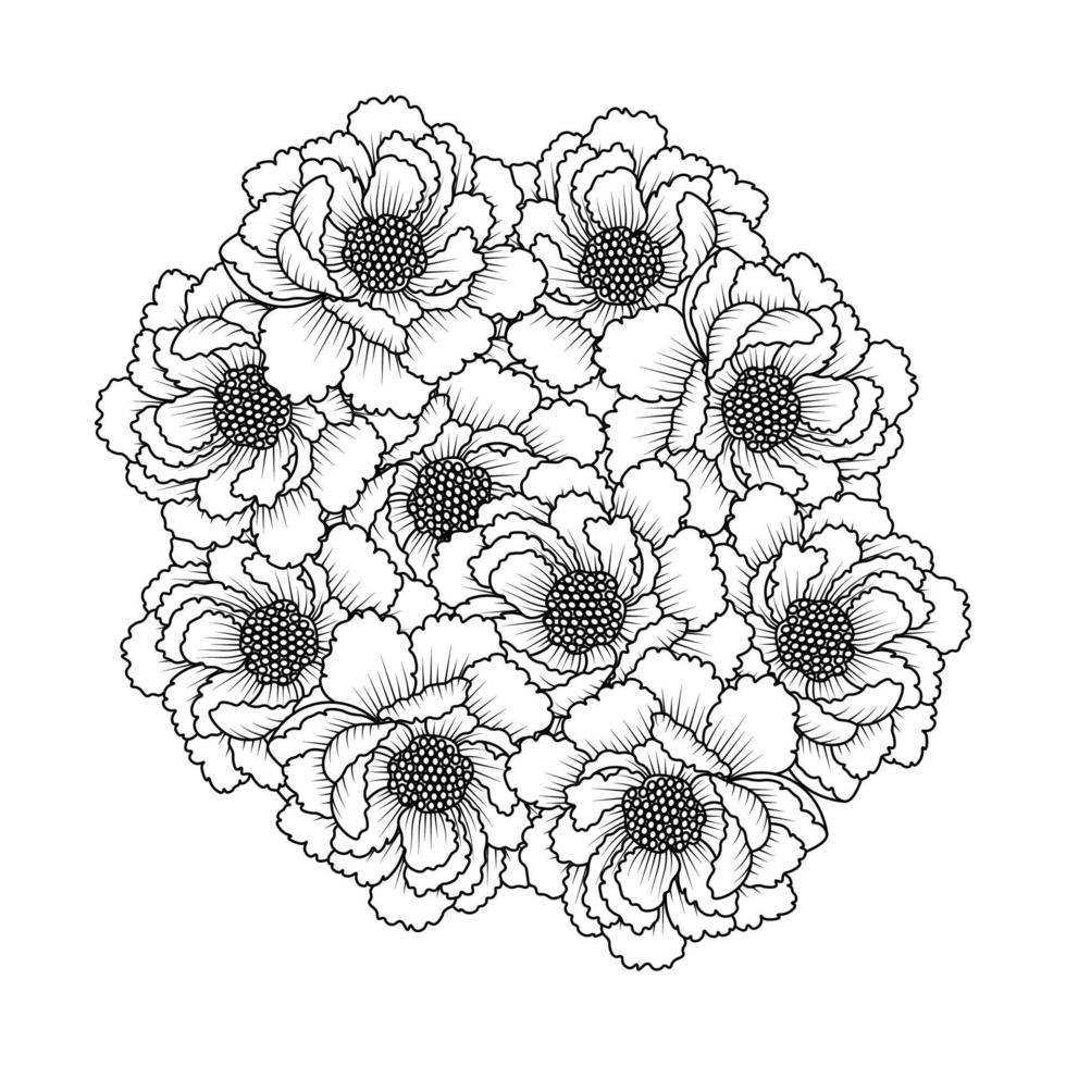 flor de peonía bocetos fáciles dibujo a lápiz del esquema de diseño de arte lineal en blanco y negro vector