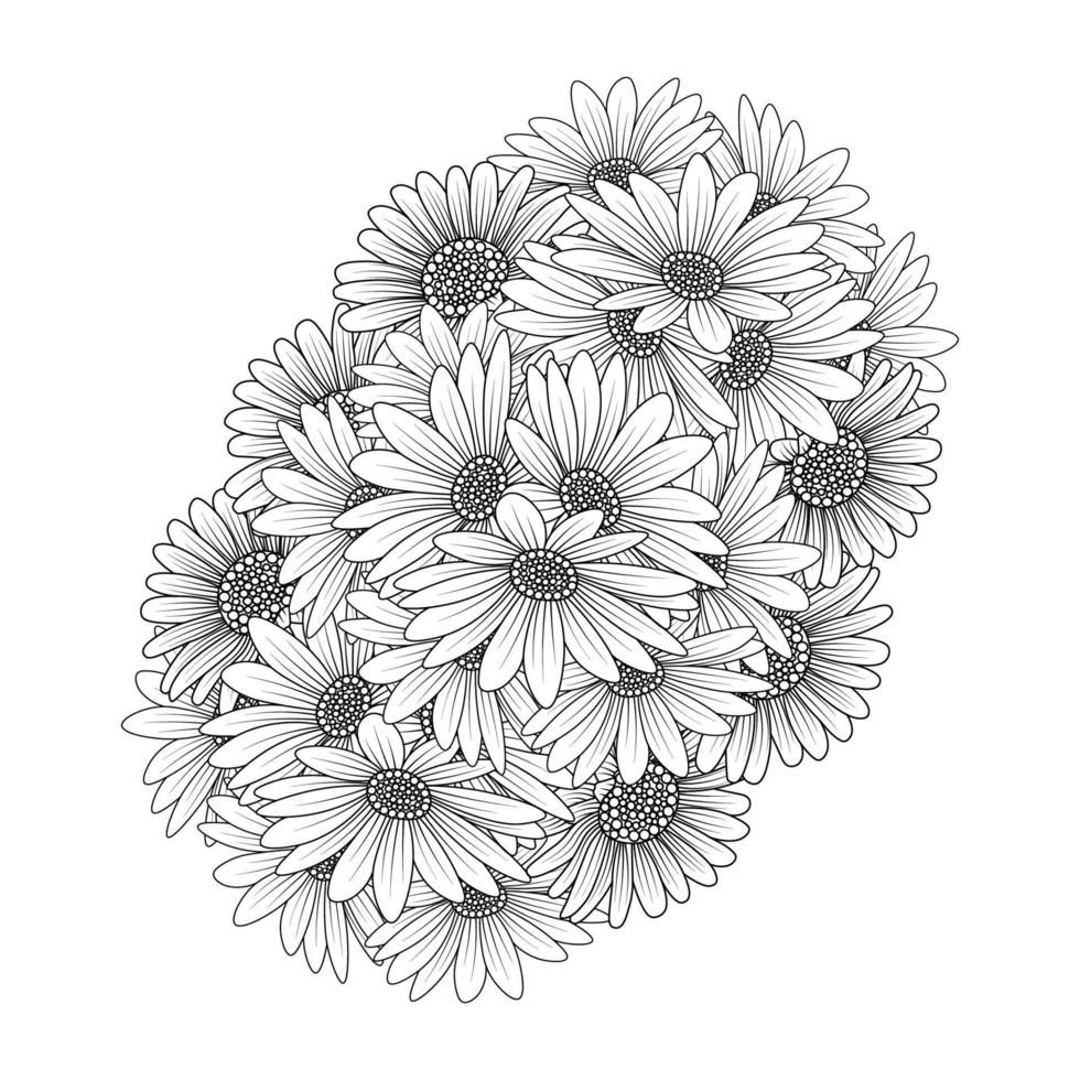 hermosa página de color de flores con dibujo a lápiz detallado en gráfico vectorial de arte lineal vector