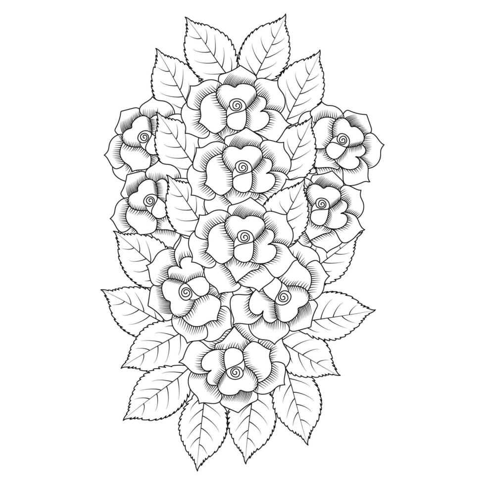 hermosa página de color de flores con dibujo a lápiz detallado en gráfico vectorial de arte lineal vector