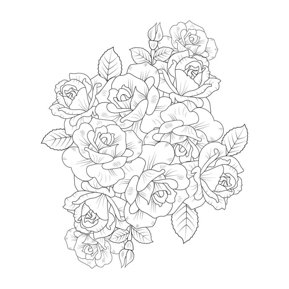 flower coloring page of rose illustration and rose line art with leaves pencil drawing vector