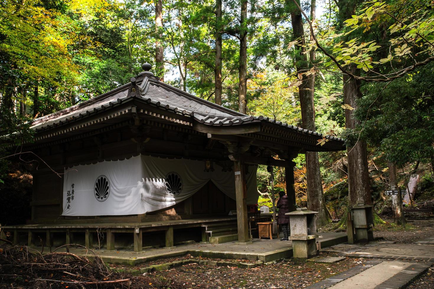 Kurama, Kyoto Prefecture, Kansai, Japan - November 21, 2019 - Tourists pray to the Sojogadanifudodo, a shrine in Kurama-dera, on walking trail between Kurama-dera to Kifune Shrine in Mount Kurama photo
