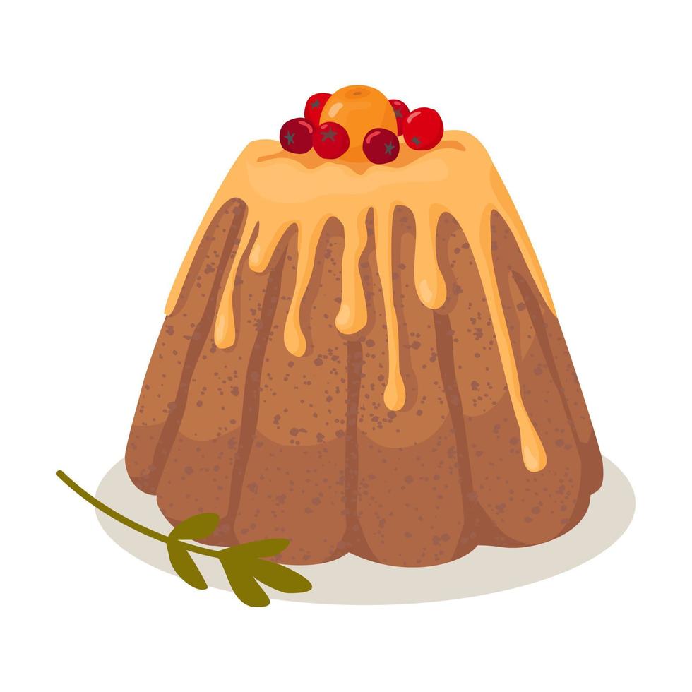 Fruit sponge cake is decorated with orange icing and berries. vector