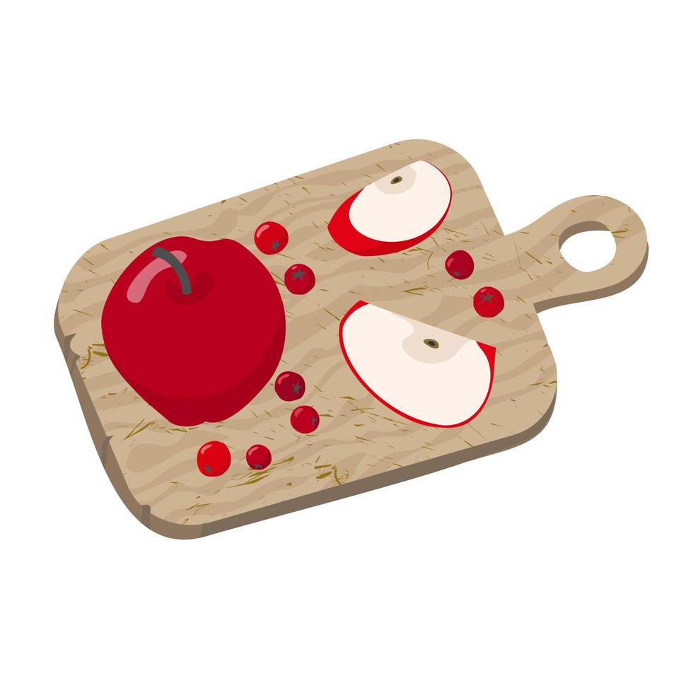 Apple, Apple slices, berries on a wooden cutting Board . vector