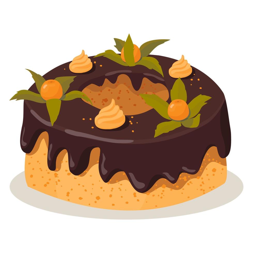 A large sponge cake with chocolate icing is decorated with physalis berries . vector