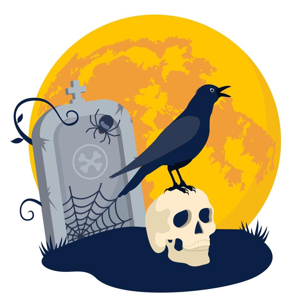 Halloween raven on the skull at the tombstone. Illustrated vector element.