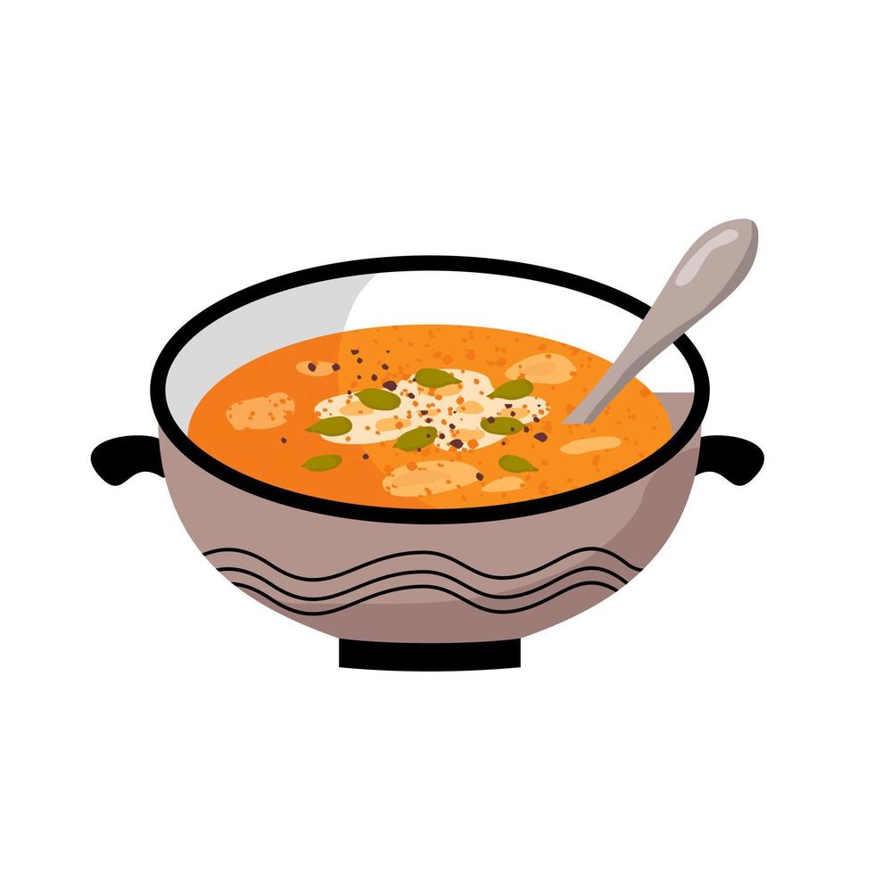 sopa de calabaza en una taza, con semillas y especias. vector