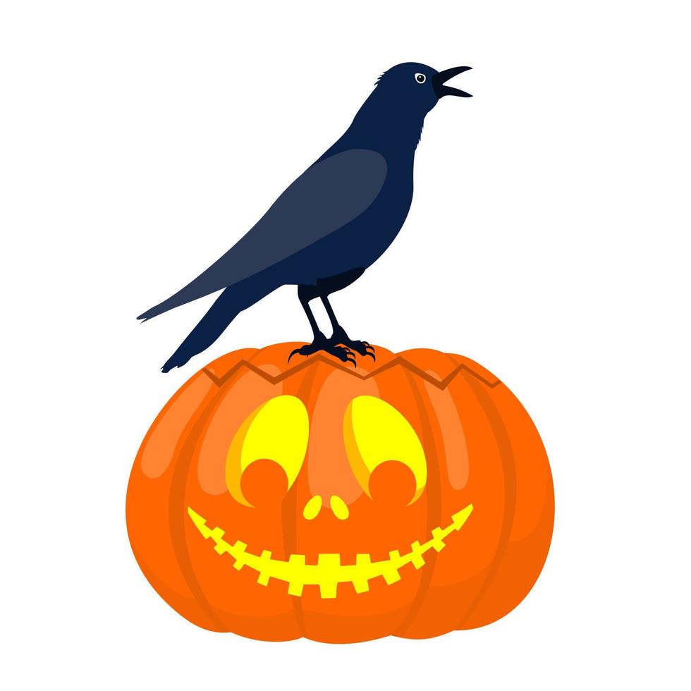 Halloween pumpkin with a cawing raven on top. vector
