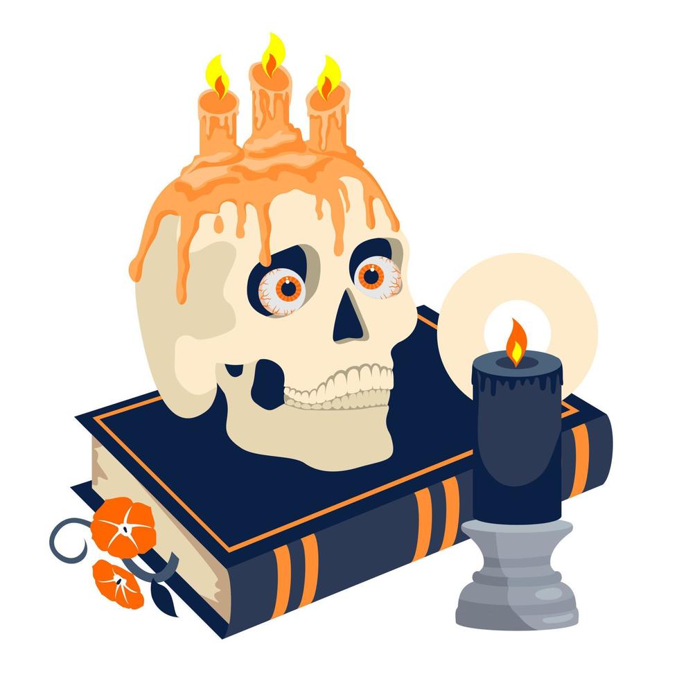 Halloween skull with candles on a witch's book. vector