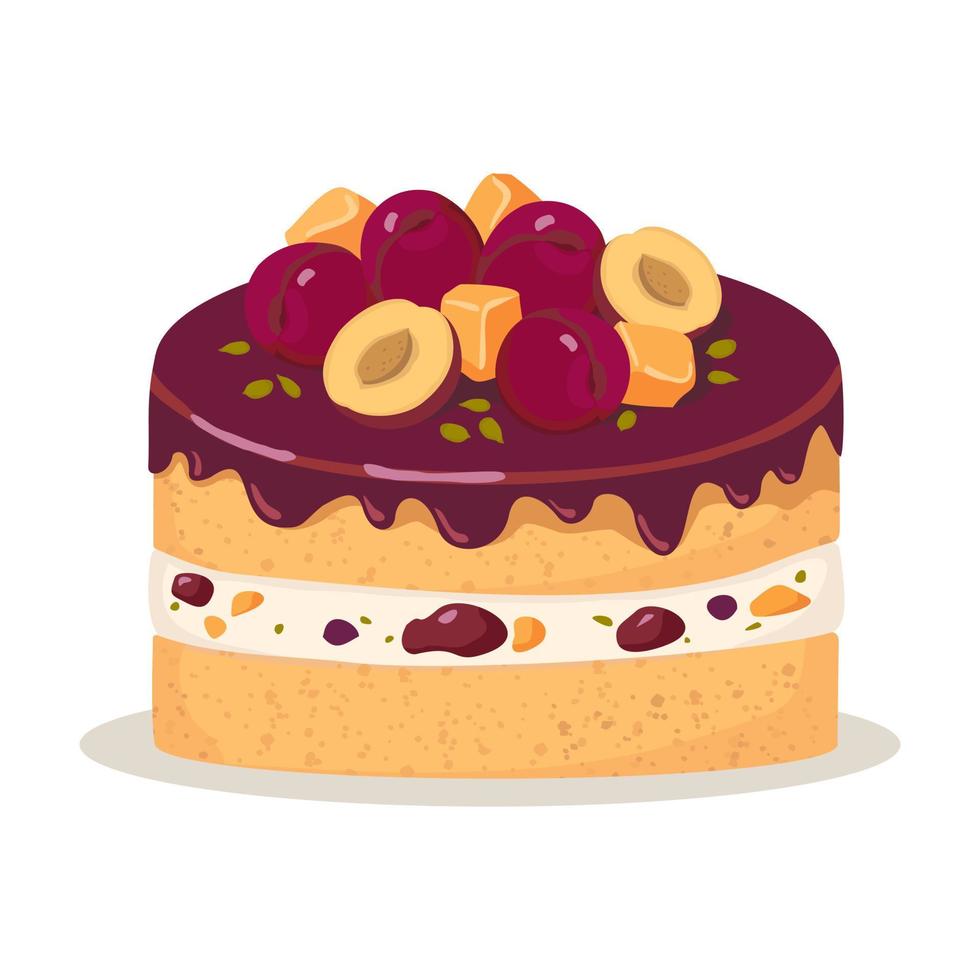 torta redonda con ciruelas pasas y una capa de soufflé, decorada con ciruelas y mermelada. vector