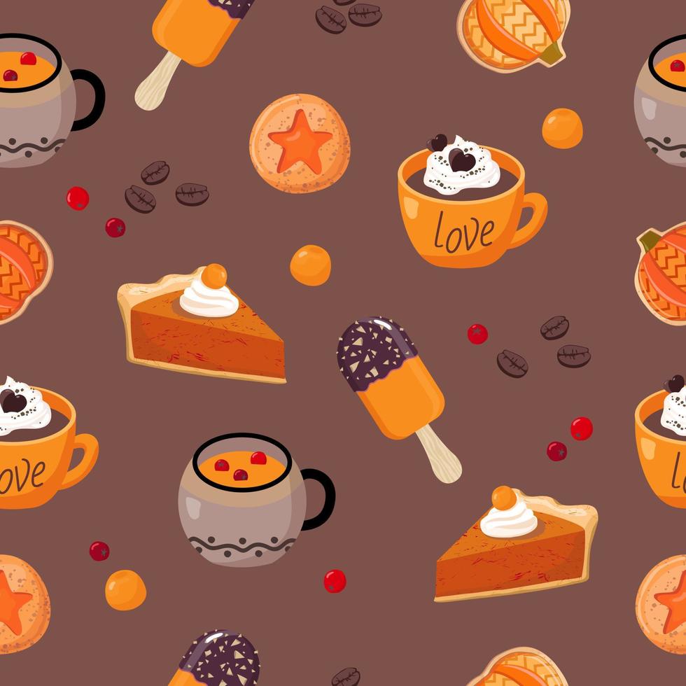 estado de ánimo de calabaza: café caliente con crema, té caliente, taza naranja, taza marrón, galletas redondas, granos de café, un trozo de pastel de calabaza, helado. vector
