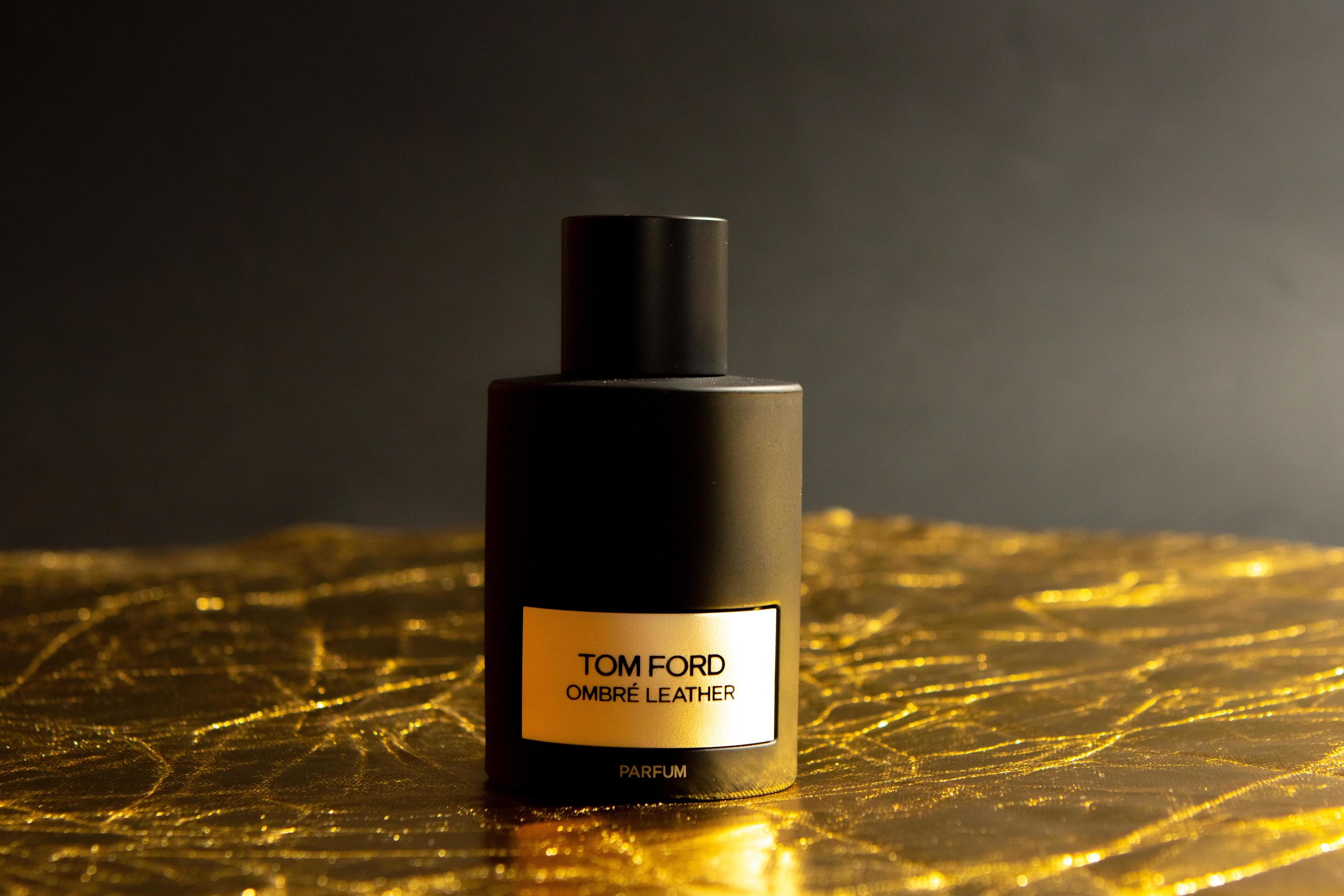 Tom Ford ombre leather parfum on gold background, Yerevan, Armenia