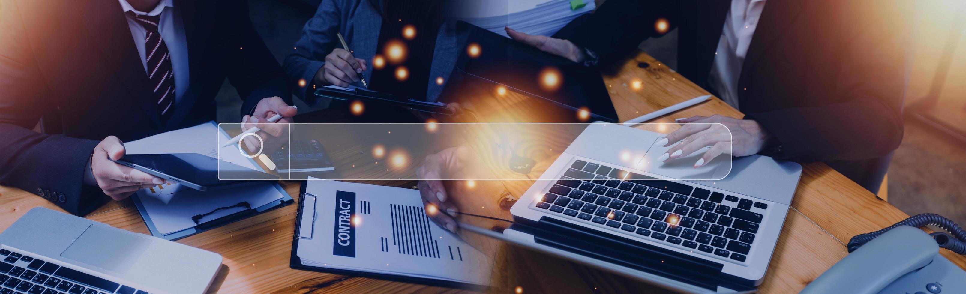 Data Search Technology Search Engine Optimization. man's hands are using a computer keyboard to Searching for information. Using Search Console with your website. photo