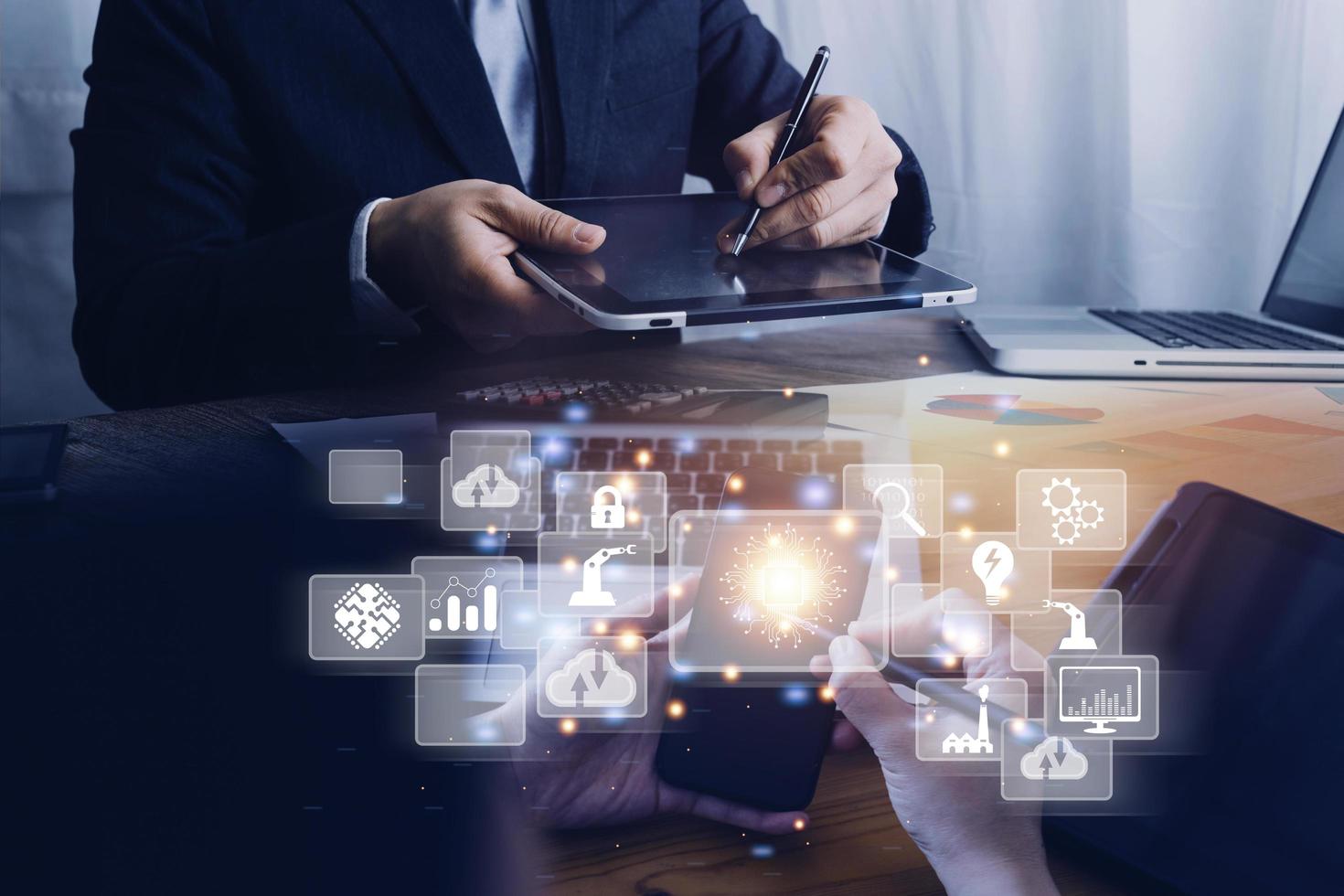 Digital transformation technology strategy, digitization and digitalization of business processes and data, optimize and automate operations, customer service management, internet and cloud computing photo