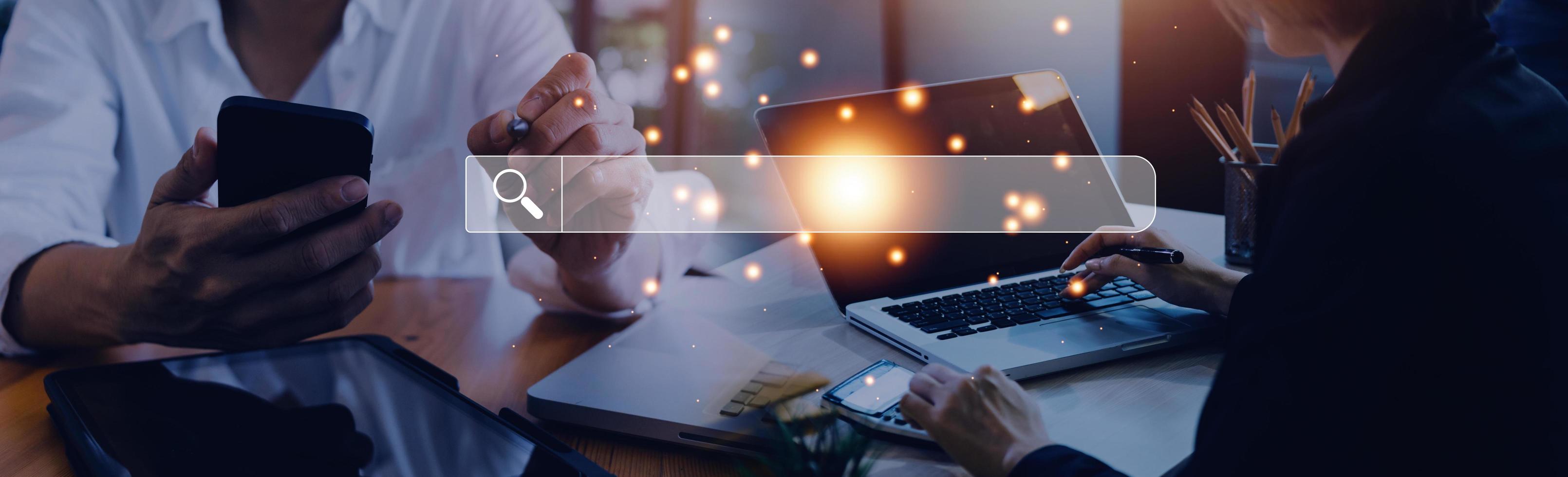 Data Search Technology Search Engine Optimization. man's hands are using a computer keyboard to Searching for information. Using Search Console with your website. photo