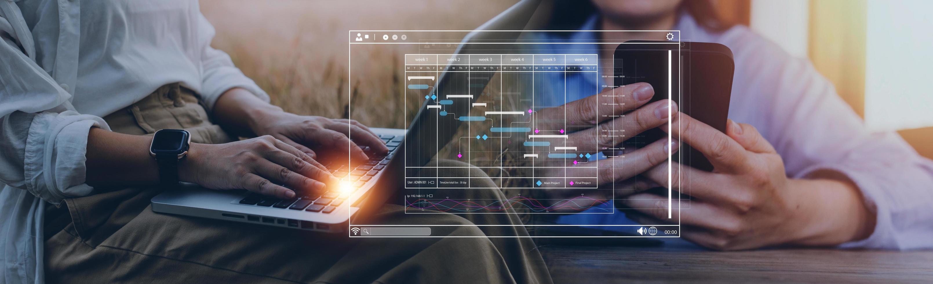 Analyst working with computer in Business Analytics and Data Management System to make report with KPI and metrics connected to database. Corporate strategy for finance, operations, sales, marketing. photo