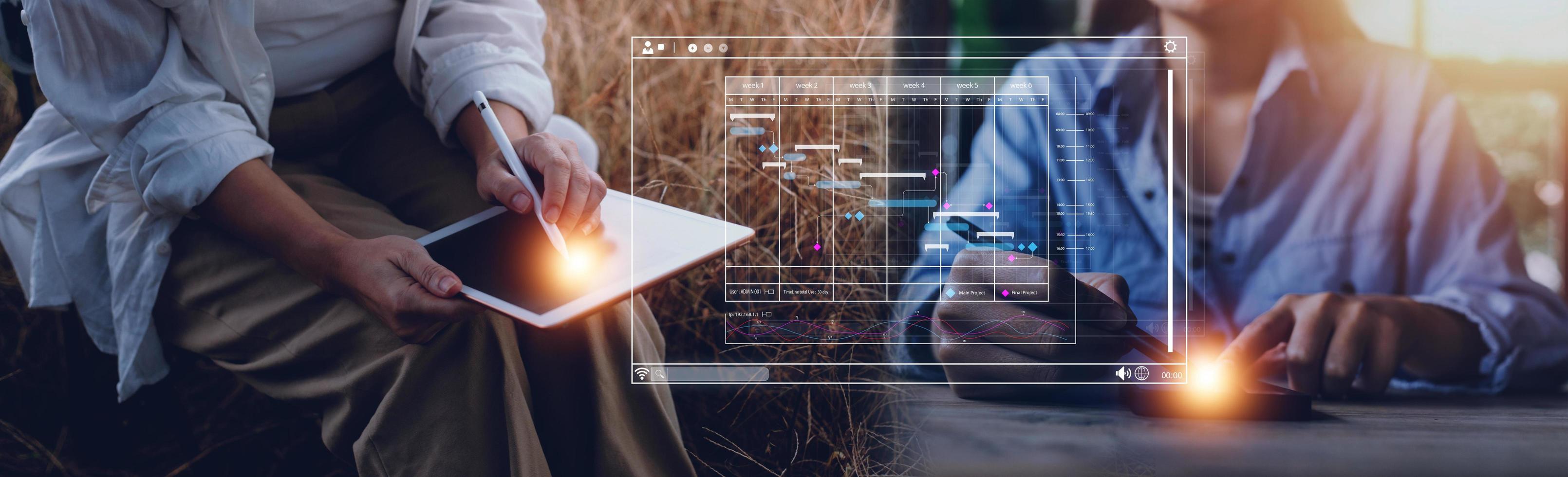 Analyst working with computer in Business Analytics and Data Management System to make report with KPI and metrics connected to database. Corporate strategy for finance, operations, sales, marketing. photo