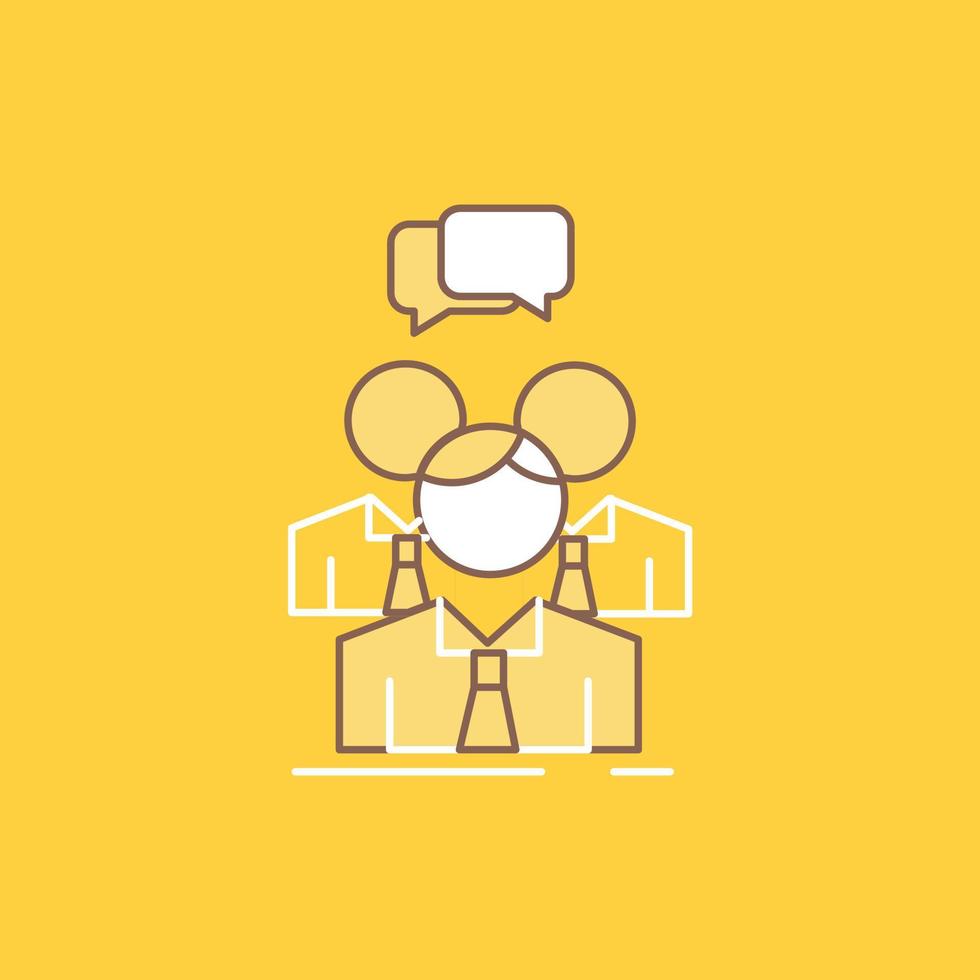 group. business. meeting. people. team Flat Line Filled Icon. Beautiful Logo button over yellow background for UI and UX. website or mobile application vector