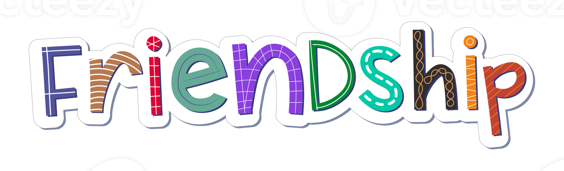 Children comic colorful friendship word with random details. Perfect for tags and stickers. png