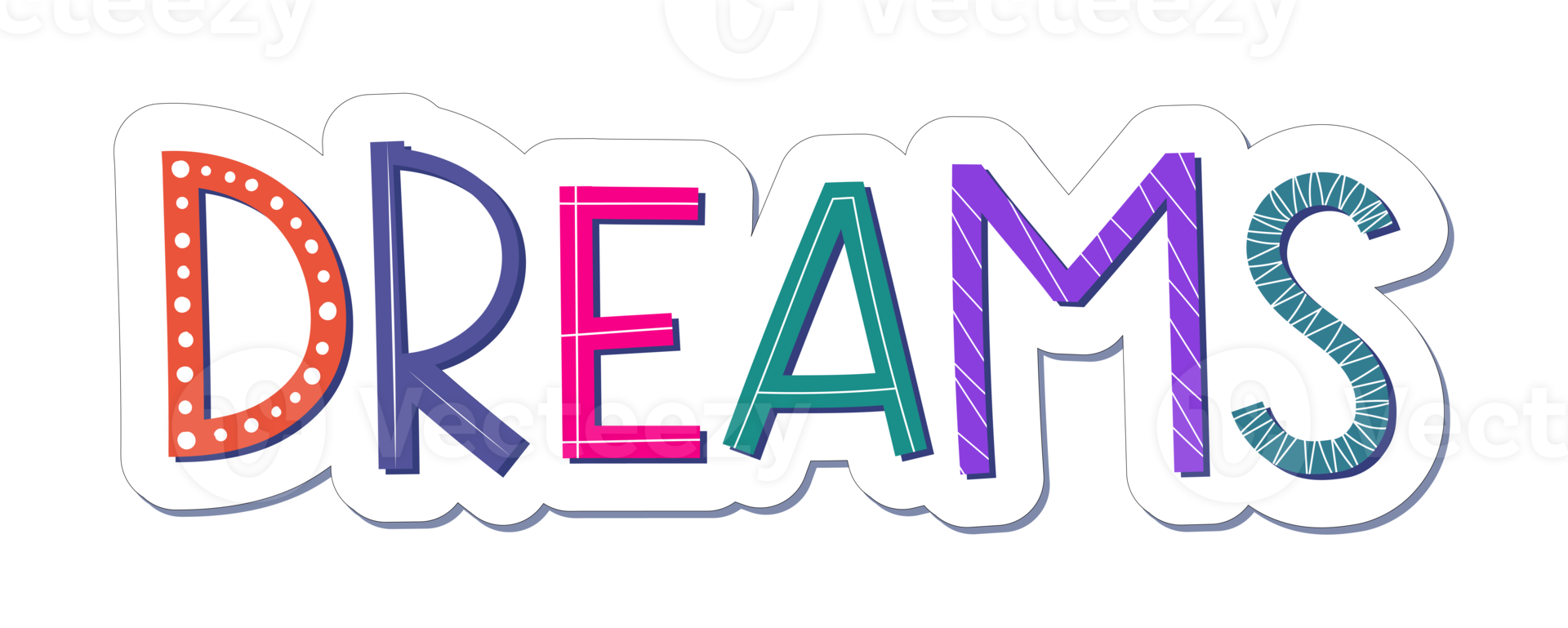 Children comic colorful dreams word with random details. Perfect for tags and stickers. png